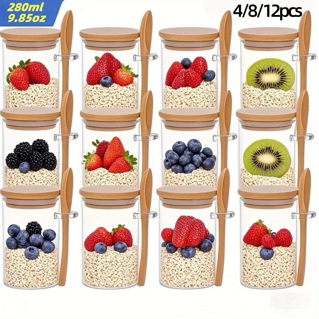 Meal Prep Glass Containers With Lids - 4/8/12개입, 뚜껑이 있는 오트밀 아침식사 컵(9.85온스/280ml),
