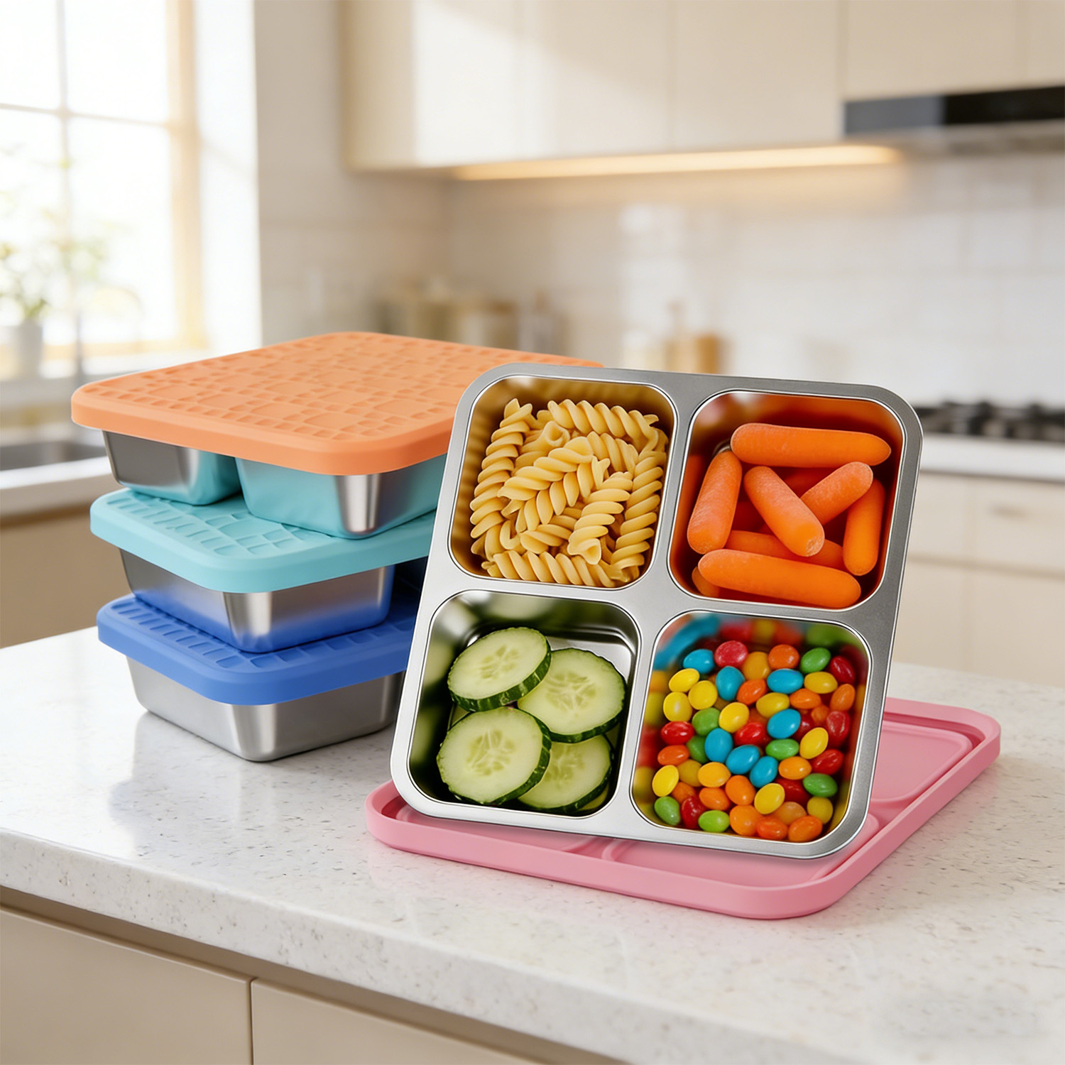 304 스테인리스 스틸 4칸 분리형 도시락 용기, 실리 - Meal Prep Containers 리뷰 및 가격